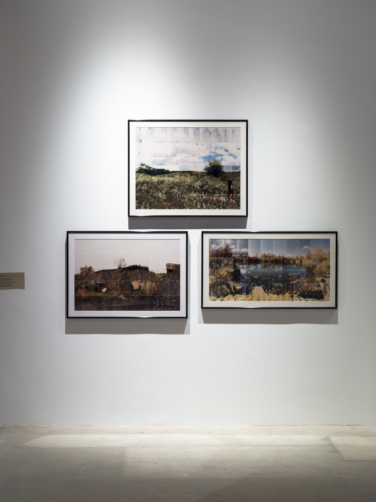 Installation view of three Masumi Hayashi panoramic photo collages at The Brick, Los Angeles, 2024 — EPA Superfund sites series